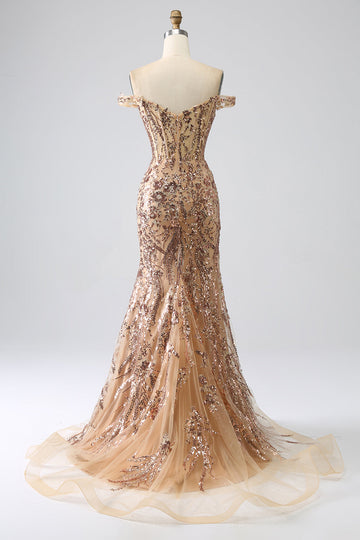 Sparkly Mermaid Off The Shoulder Champagne Corset Prom Dress with Slit